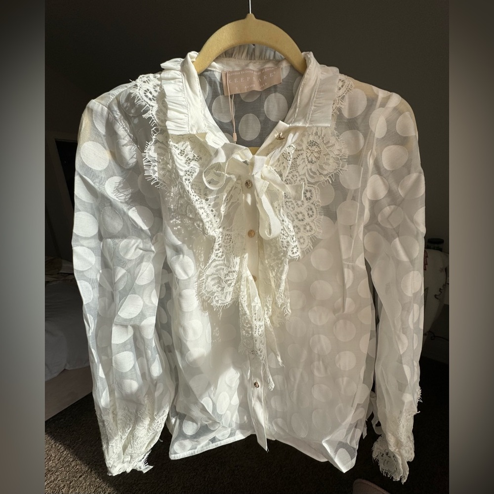 KEEPSAKE THE LABEL white transparent poka dot blouse with lace